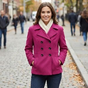 Vintage St Johns Bay Pea Coat Large Petite Womens Fuschia Wool Cashmere Blend